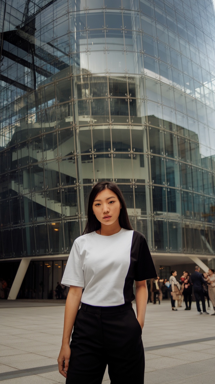 A young woman wearing a black and white t-shirt and black pants stands in front of a modern glass building.