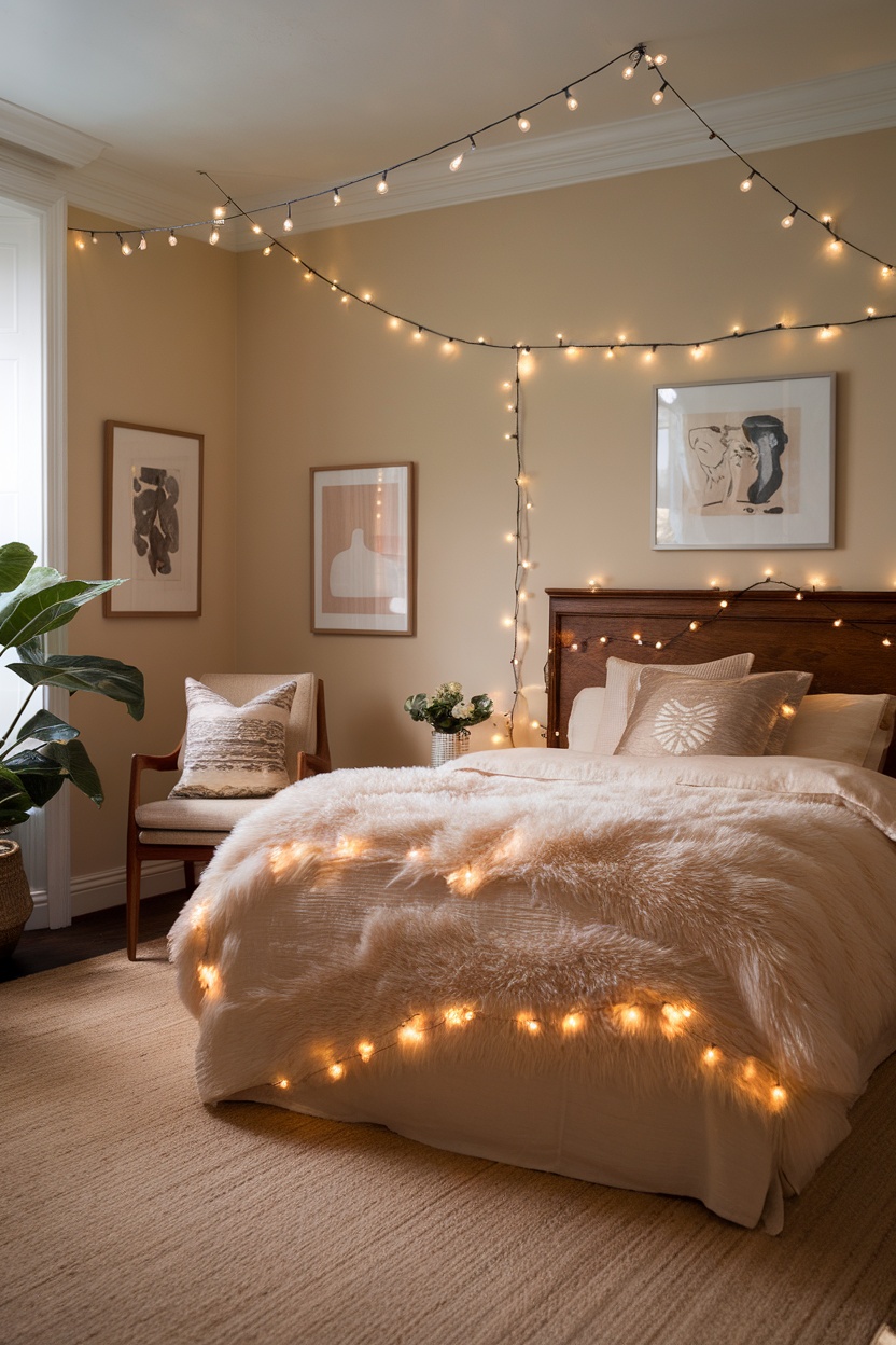 A bedroom with warm fairy lights draped on the walls and around the bed, creating a cozy atmosphere.