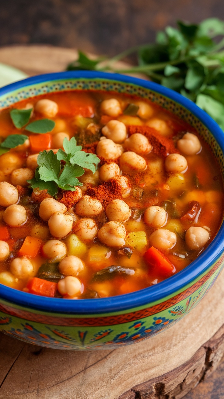 A bowl of Moroccan Chickpea Soup topped with cilantro and spices.