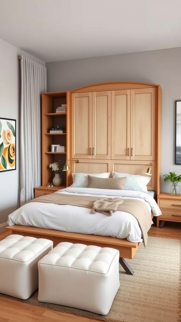 Cozy bedroom featuring a bed with storage, two white ottomans, and a bookshelf.