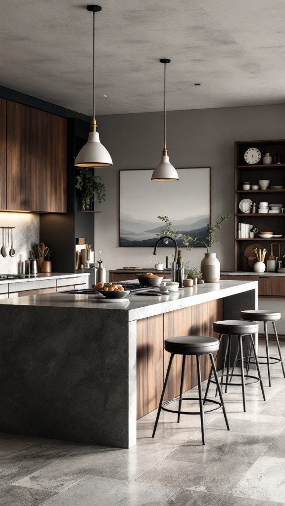 A modern kitchen featuring a multi-functional island with seating, combining style and functionality.