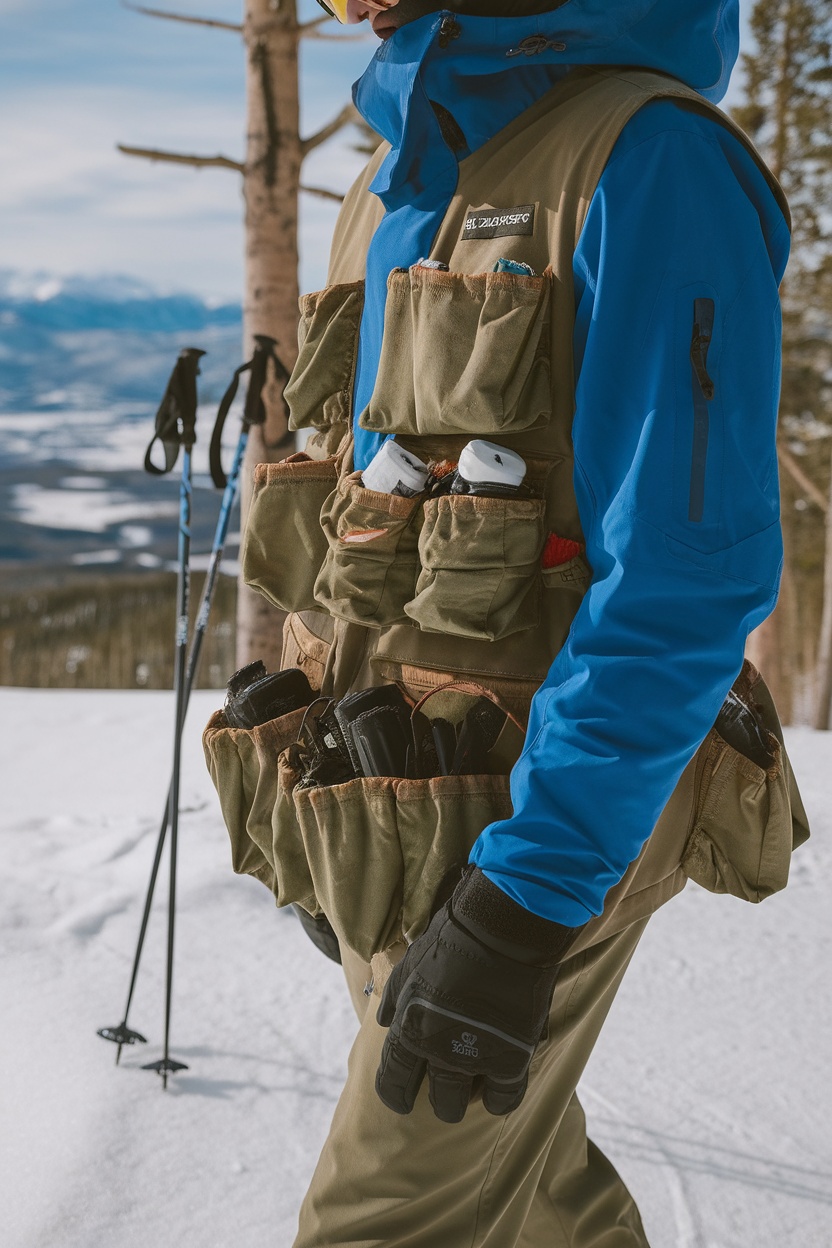 A skier wearing a multi-pocket vest on snowy terrain with ski poles.