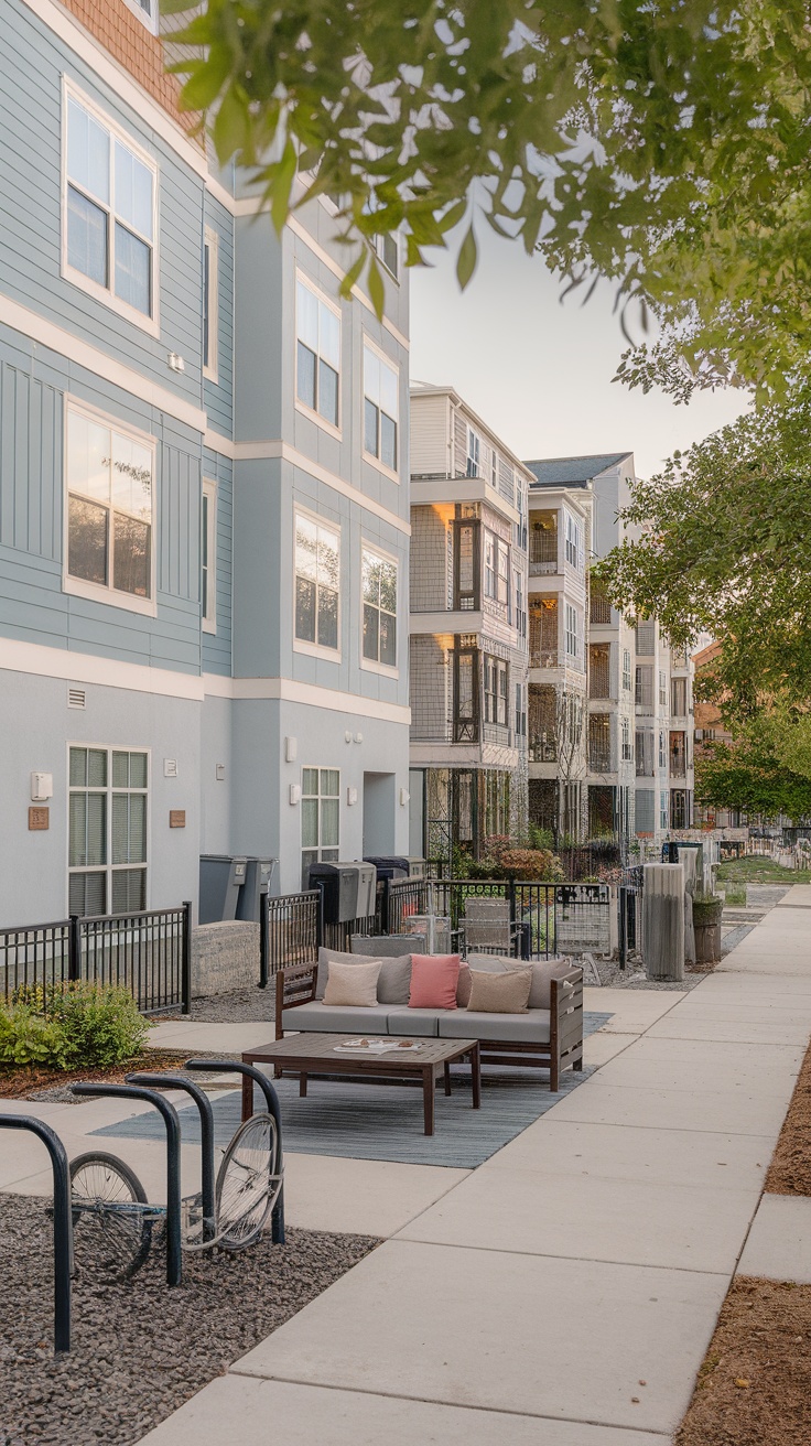 A view of a multifamily property with landscaped outdoor spaces and a seating area.