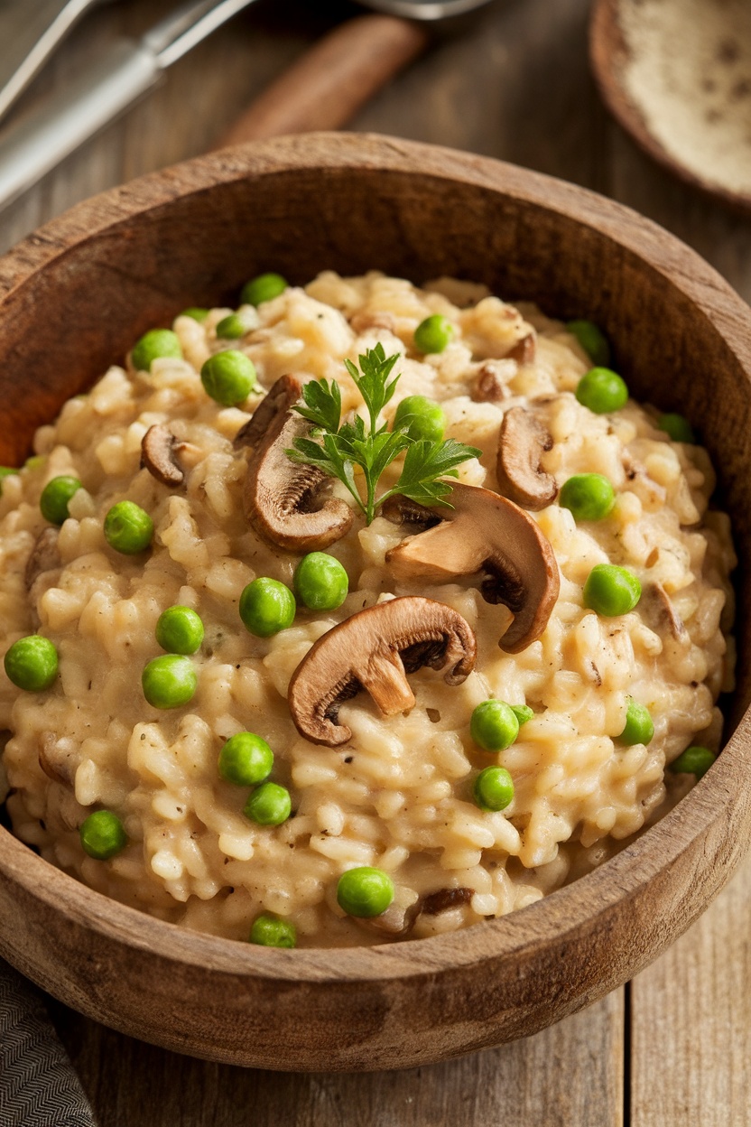 A creamy mushroom risotto with green peas served in a wooden bowl, garnished with parsley.