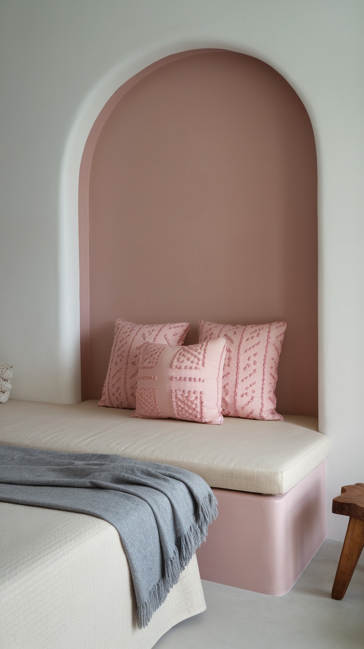 A cozy bedroom nook with muted pink accents, featuring soft pillows and a light gray blanket.