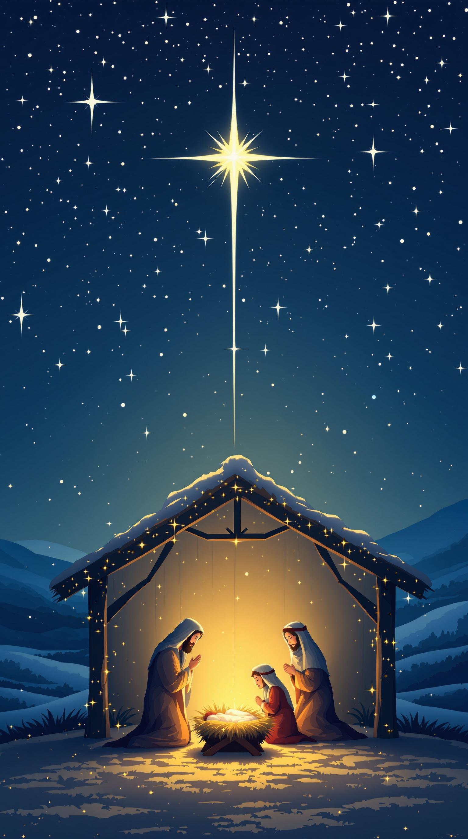 Nativity scene with Mary, Joseph, and baby Jesus under a starry sky