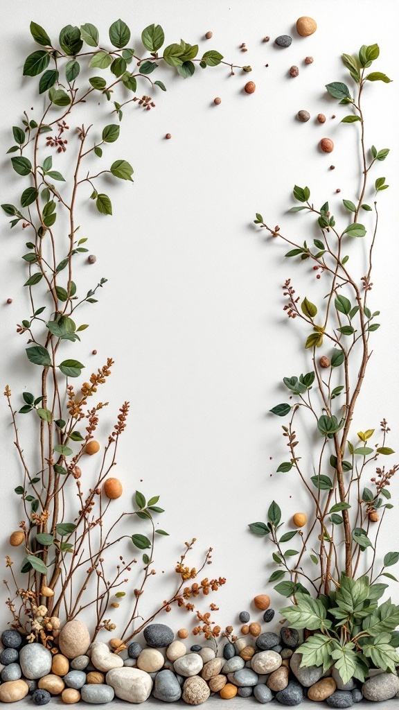 Natural wall art featuring branches and pebbles arranged in an eclectic style.