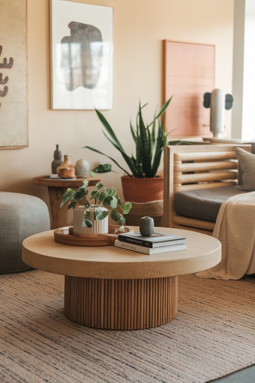 A cozy living room with natural fiber rug, plants, and stylish decor.