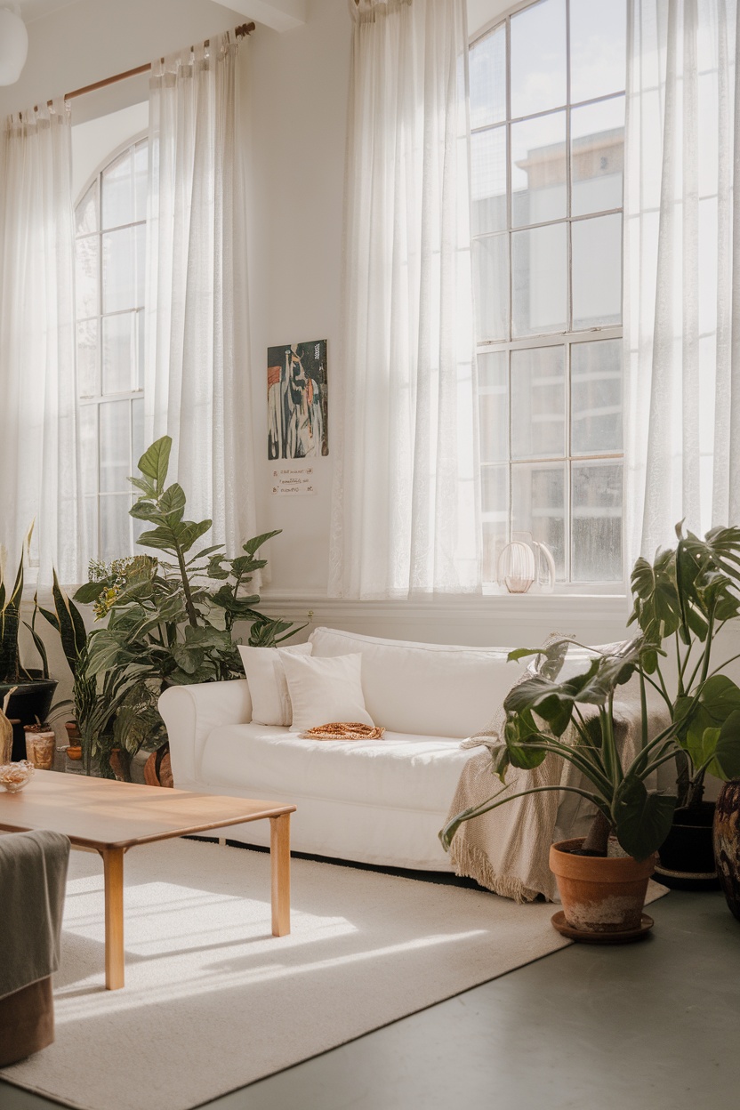 A bright pink room with sheer curtains, a white couch, and indoor plants, creating a cozy atmosphere.