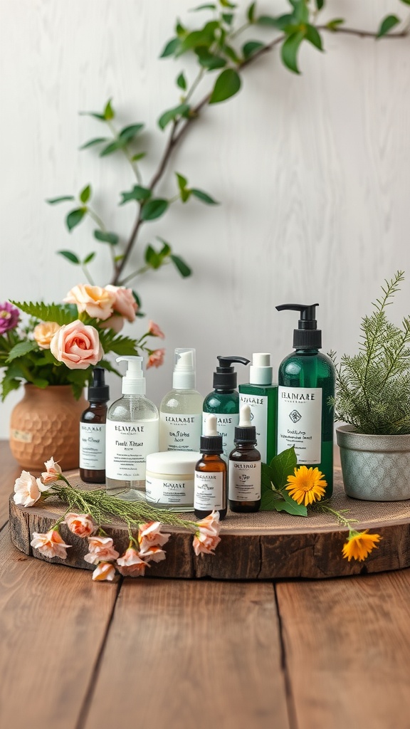 A variety of natural skincare products arranged on a wooden surface, surrounded by flowers and greenery.