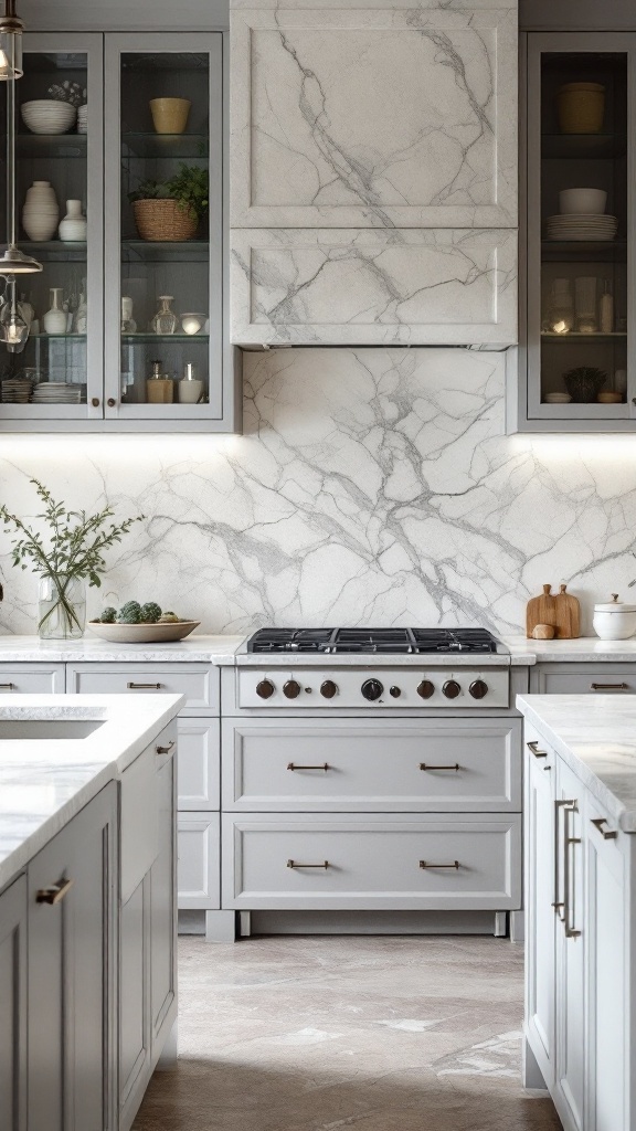 A modern kitchen featuring natural stone accents with gray cabinetry and a stylish backsplash.