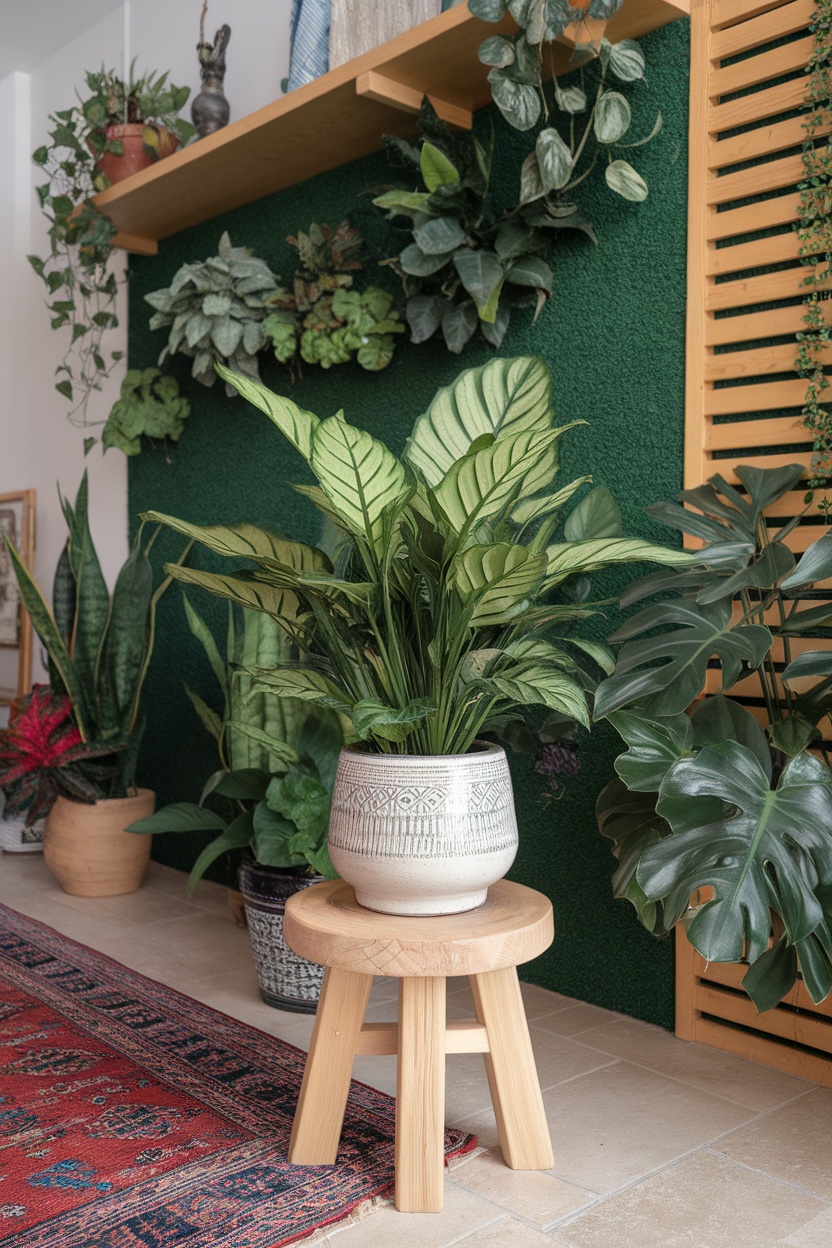 Indoor plants arranged on a green wall with a wooden stool in front.