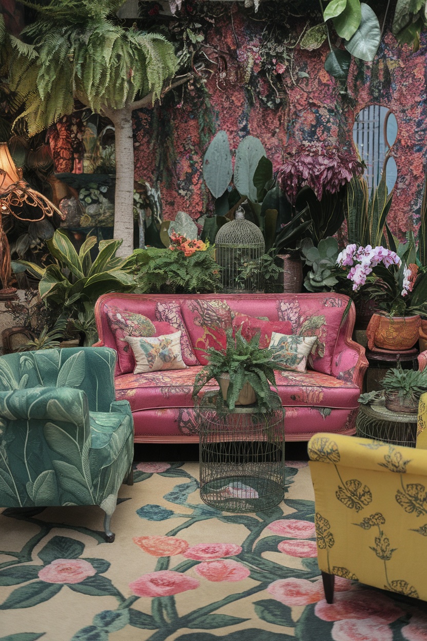 A lively maximalist living room featuring bold floral patterns and greenery.