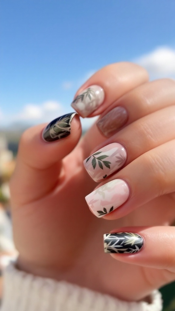 A hand displaying nature-inspired nail art designs with leaf patterns.