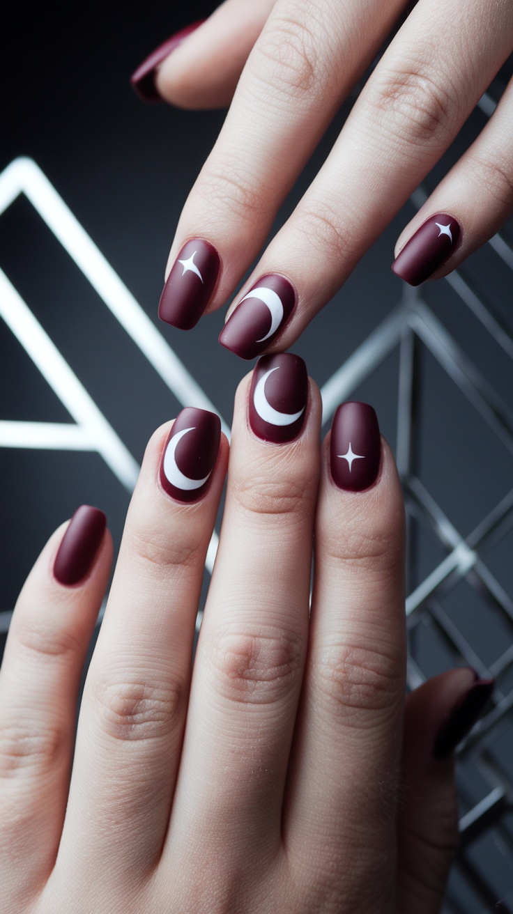 Dark cherry red nails with white crescent moons and stars in negative space design