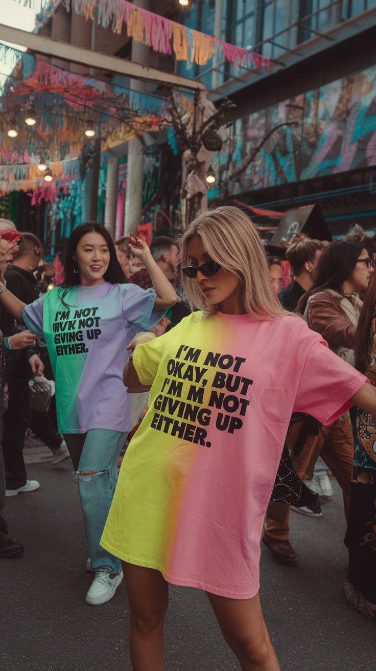 Two women wearing bright neon t-shirts in a lively street setting, showcasing trendy streetwear.