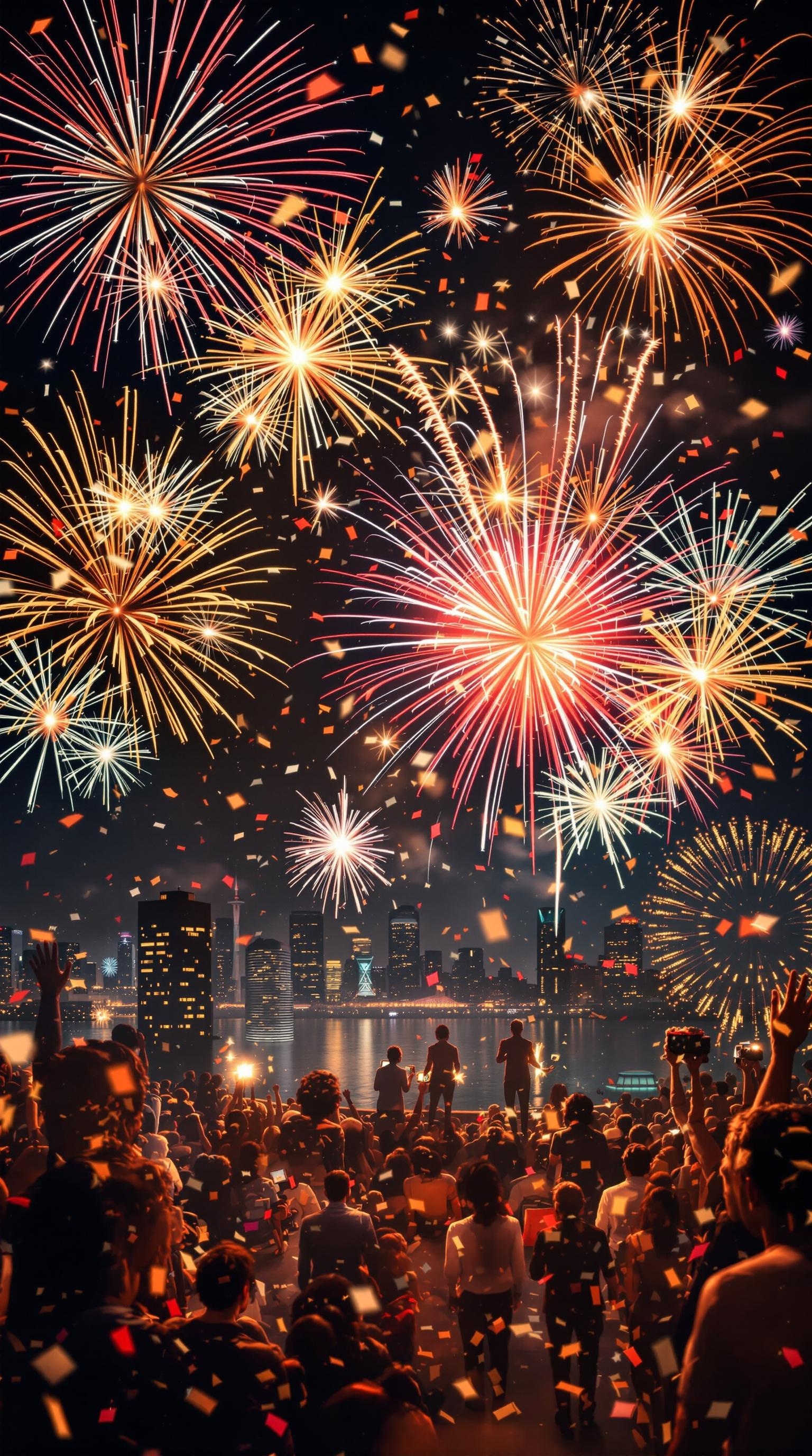 A vibrant New Year’s Eve celebration with fireworks and a crowd enjoying the festive atmosphere.