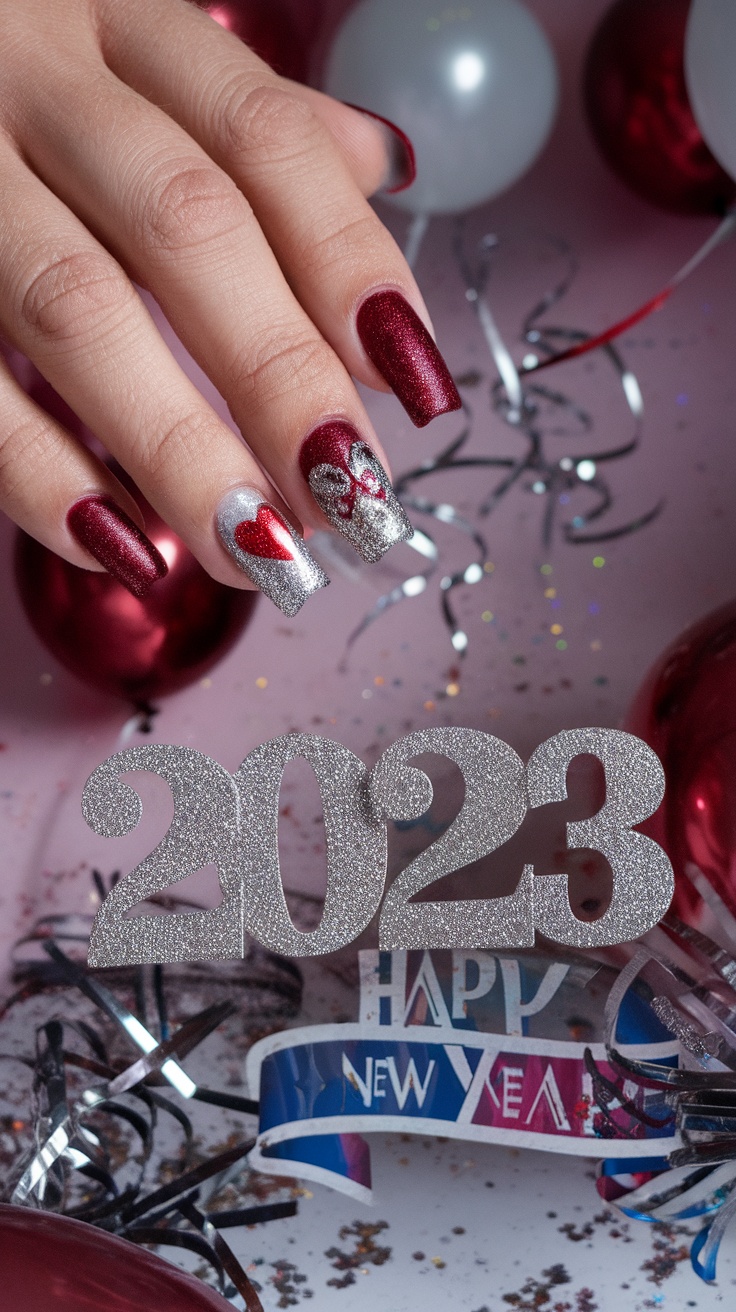 A hand with dark cherry red nails featuring silver glitter designs, celebrating New Year's Eve with decorations.