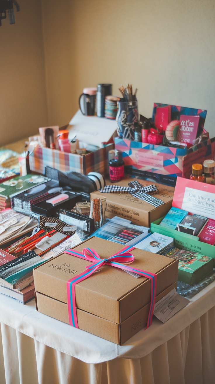 A table displaying a variety of colorful subscription boxes and craft items, with a prominently featured gift-wrapped box.