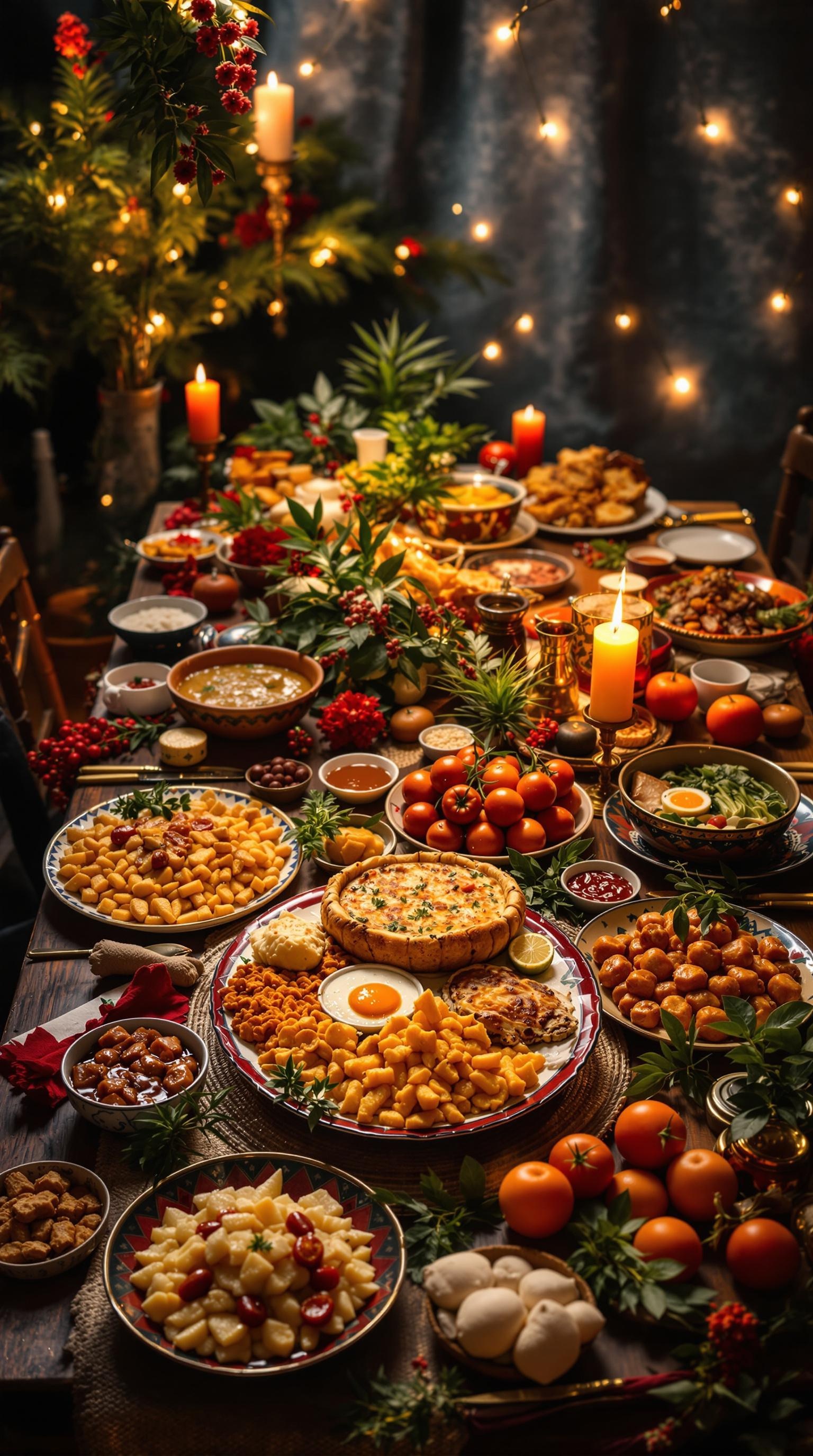 A beautifully arranged Noche Buena table with various festive dishes and decorations.