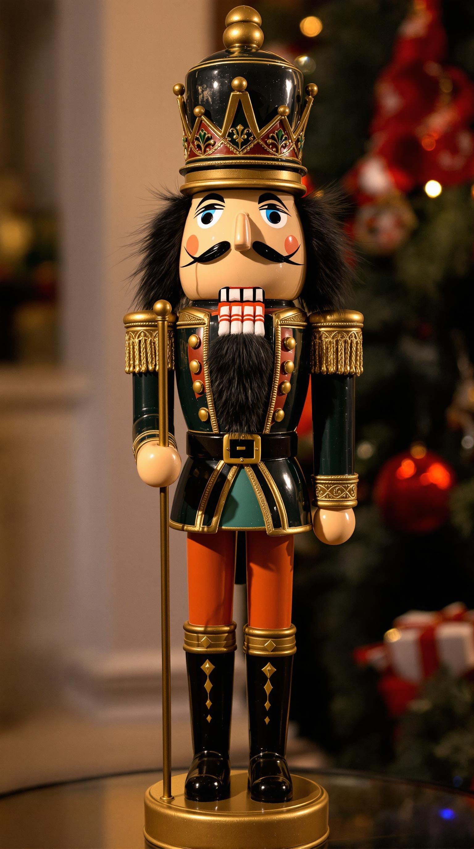 A colorful nutcracker figurine with a crown and decorative uniform, displayed near a Christmas tree.