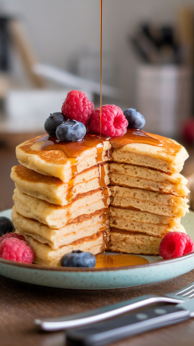 Delicious Nutella Stuffed Pancakes topped with berries and syrup