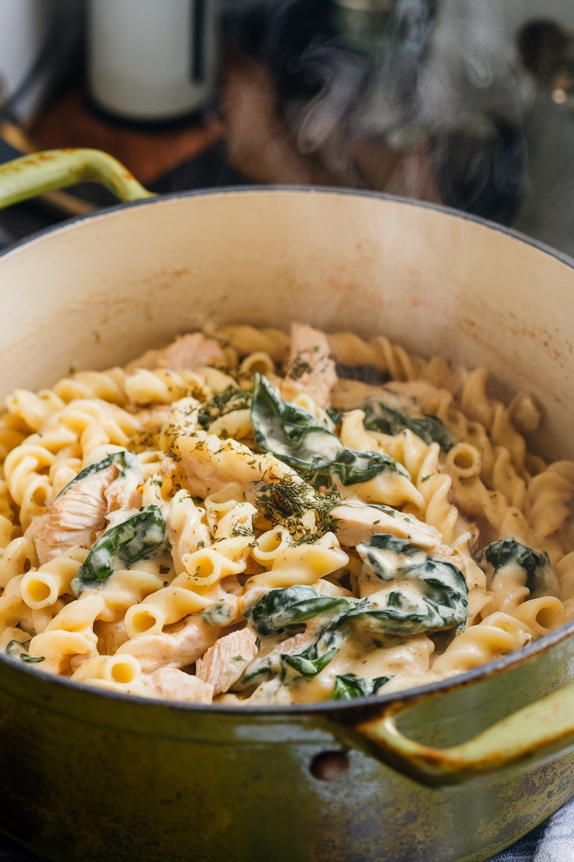 A pot of creamy chicken and spinach pasta, steam rising, showcasing curly pasta with pieces of chicken and spinach.