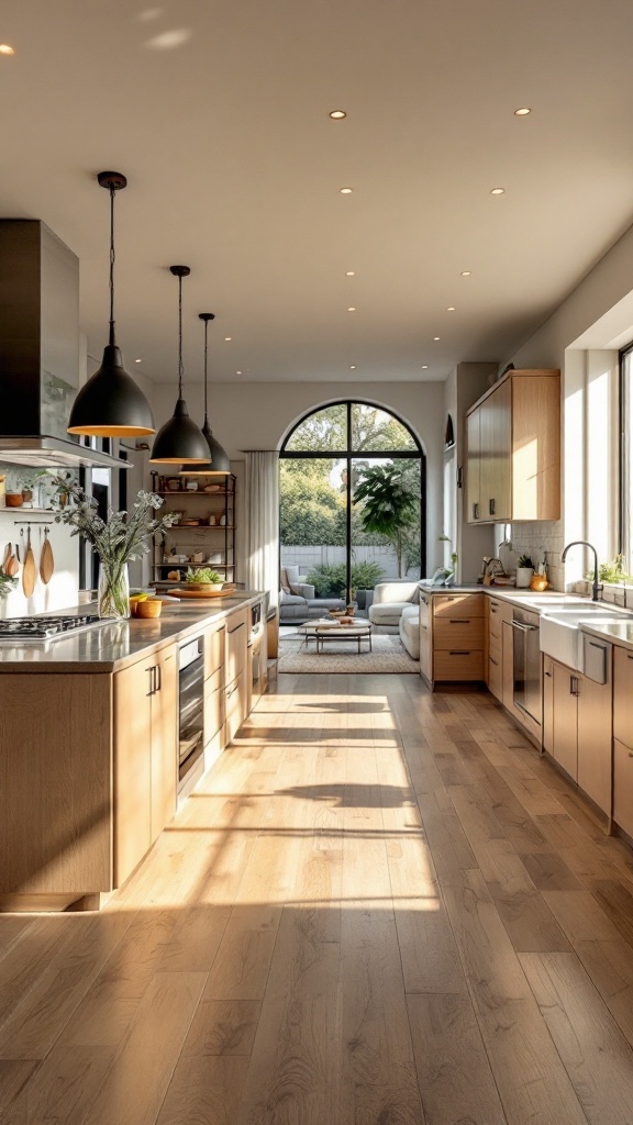 A modern kitchen with an open concept layout, featuring light wood cabinets, large windows, and natural light.