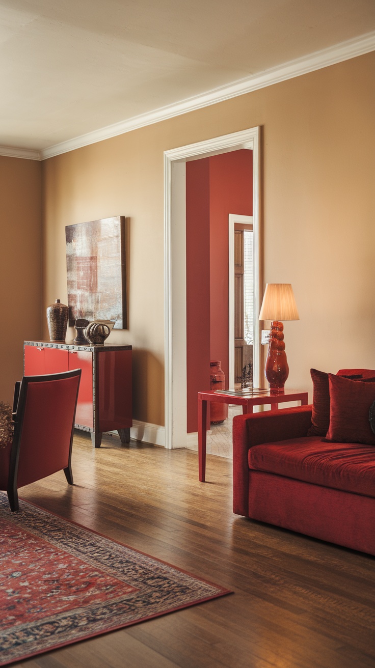 Cozy open concept living room featuring dark cherry red accents with a red sofa, side table, and decor against warm beige walls.