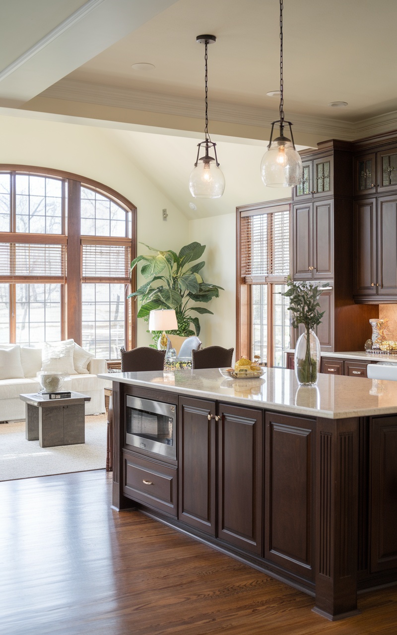 Open concept kitchen with dark cherry cabinets and granite countertops, connected to a living area with natural light.