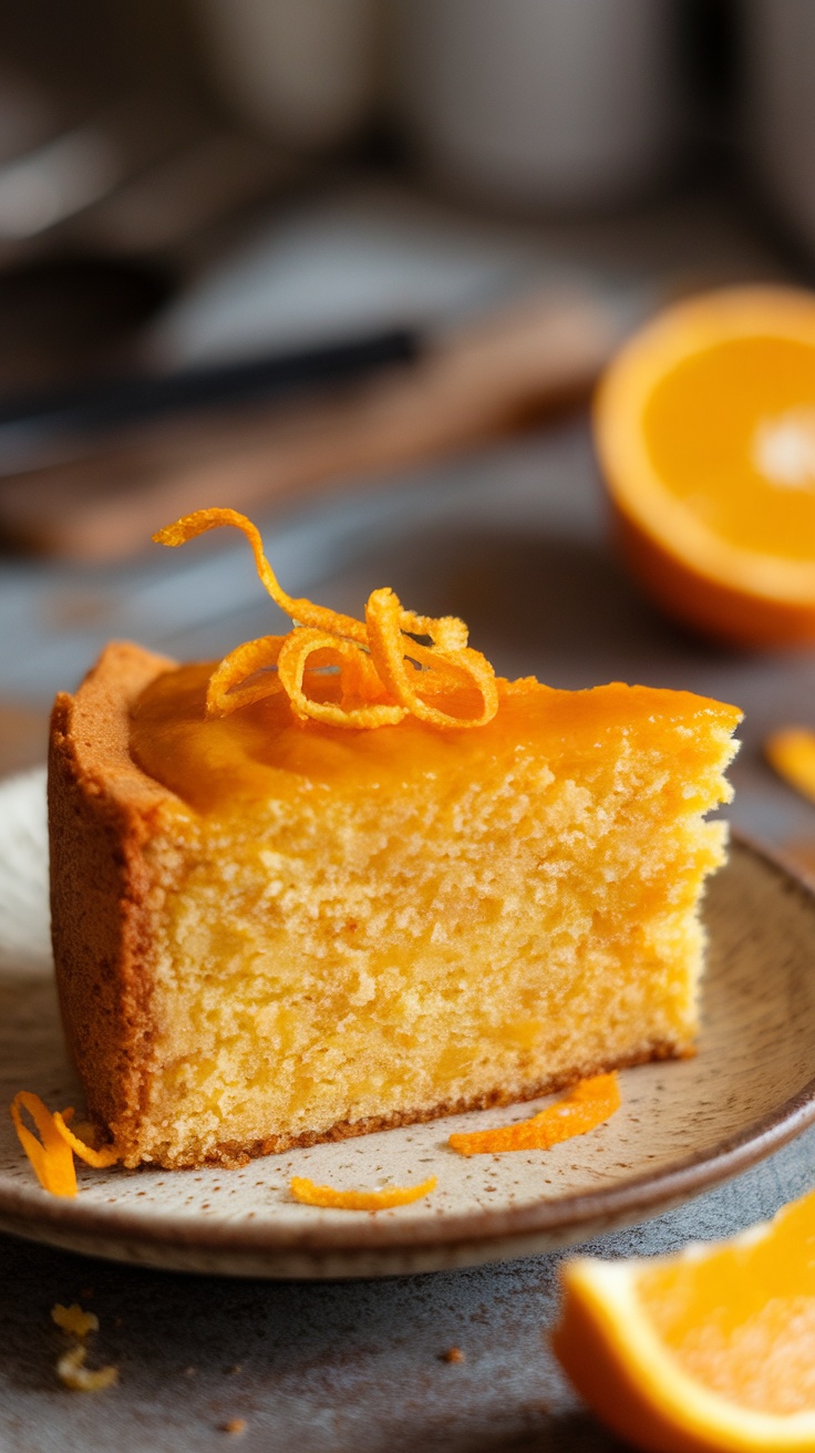 A slice of orange olive oil cake with orange zest on top