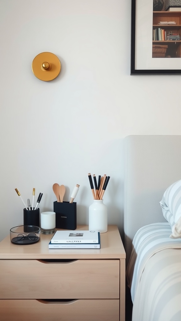 Organized nightstand with pens, glasses, and a book on top.