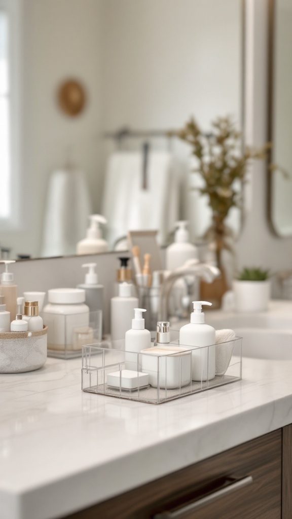 A bathroom countertop organized with various clear containers holding different bathroom essentials.