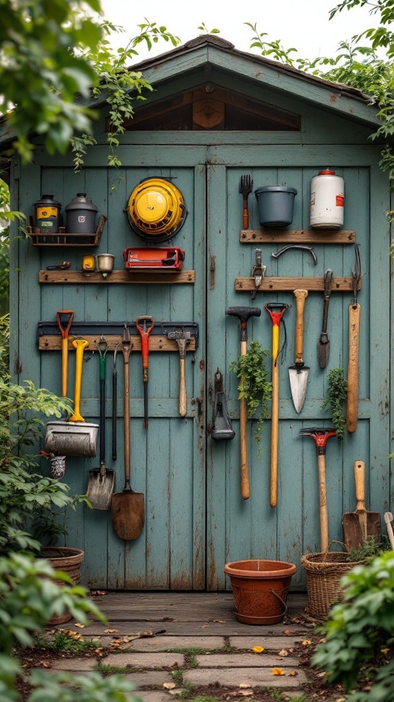 A wall-mounted garden tool organization system on a blue shed.