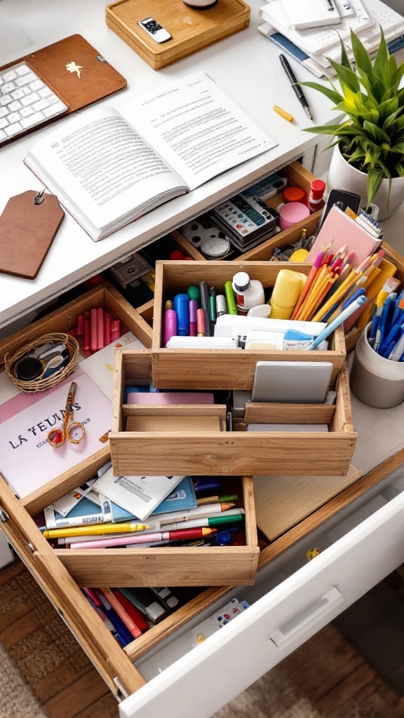 An organized desk drawer containing office supplies like pens, markers, and sticky notes arranged in wooden dividers.