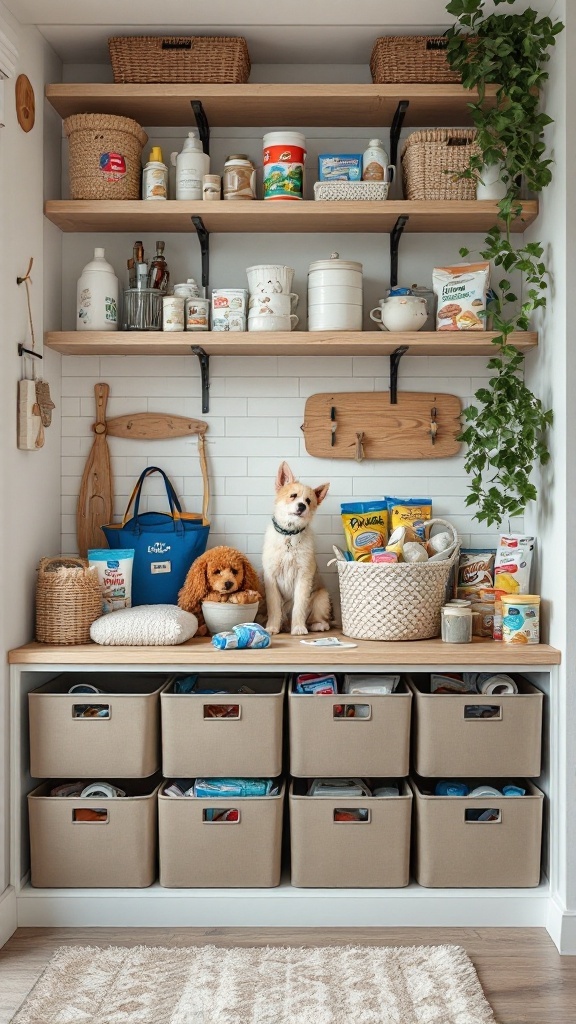 A well-organized space for pet supplies featuring labeled bins and shelves, with dogs sitting on the table.