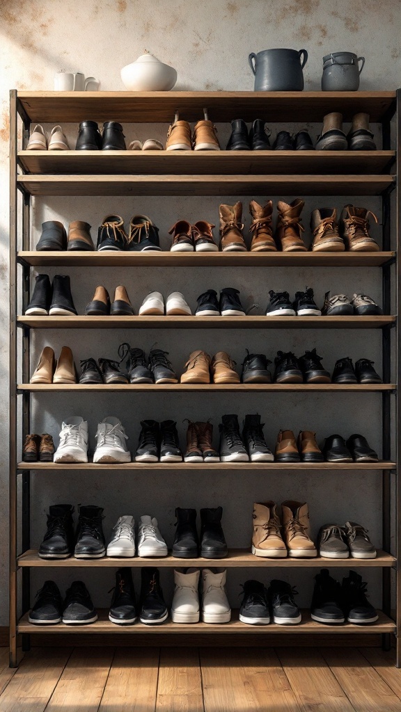 A tiered shoe rack displaying various styles of shoes organized neatly on multiple shelves.