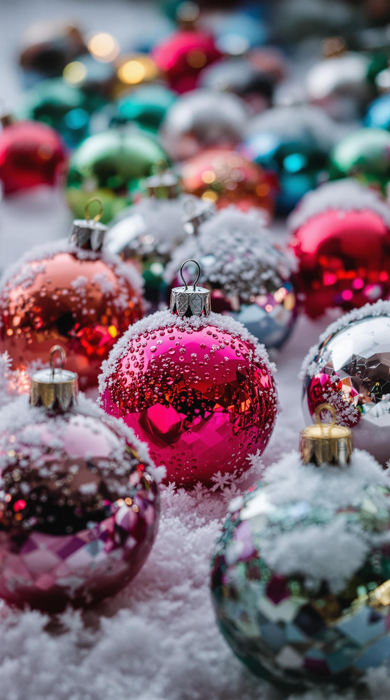 Colorful Christmas ornaments on a frosted surface