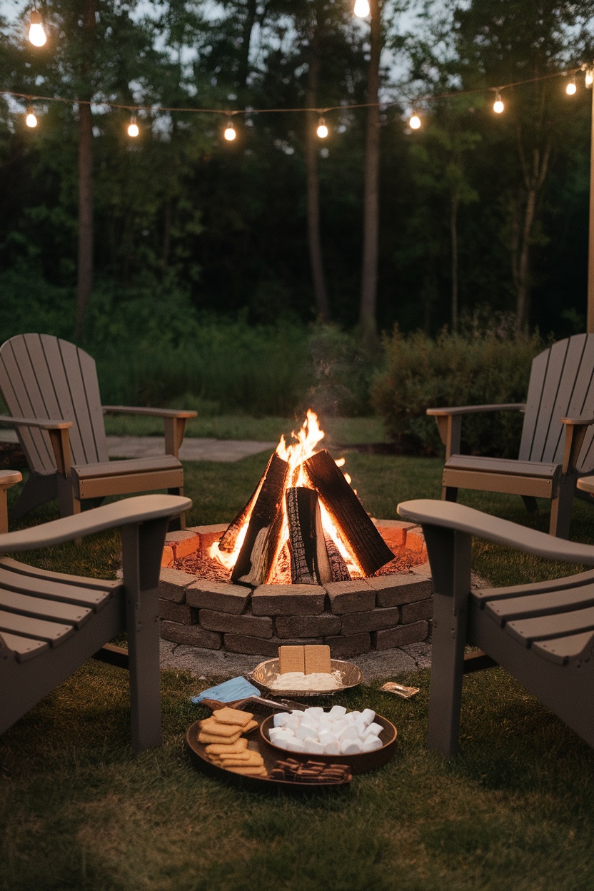 Outdoor bonfire gathering with chairs arranged around a fire pit, featuring s'mores ingredients on a tray.