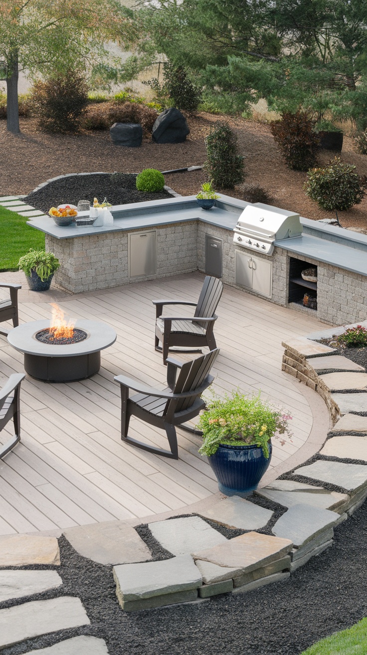 Beautiful outdoor living space with a fire pit, chairs, and outdoor kitchen