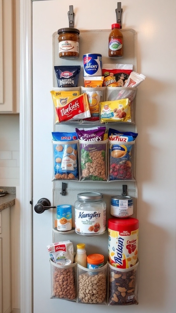 An over-the-door pantry organizer filled with snacks, cereals, and sauces, showcasing efficient storage solutions.