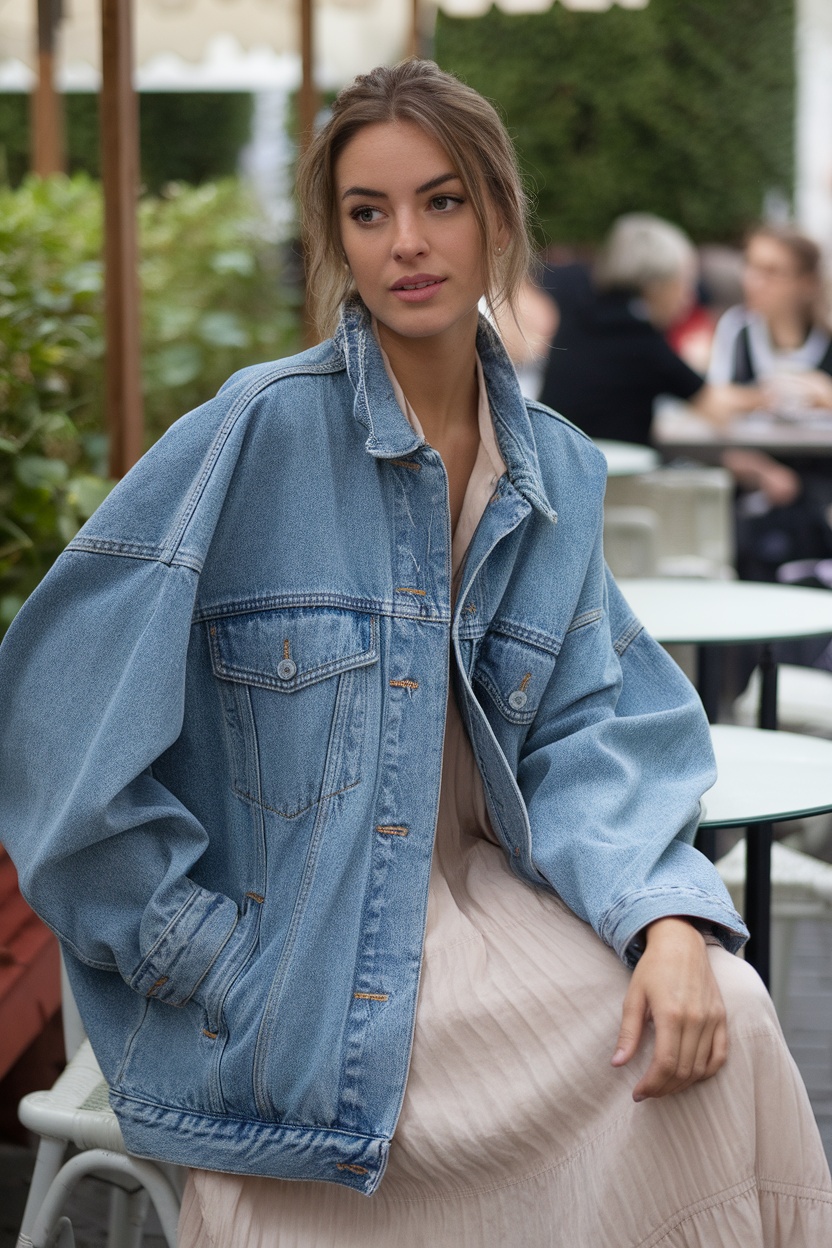 A woman in an oversized denim jacket sitting at an outdoor café, wearing a flowy dress