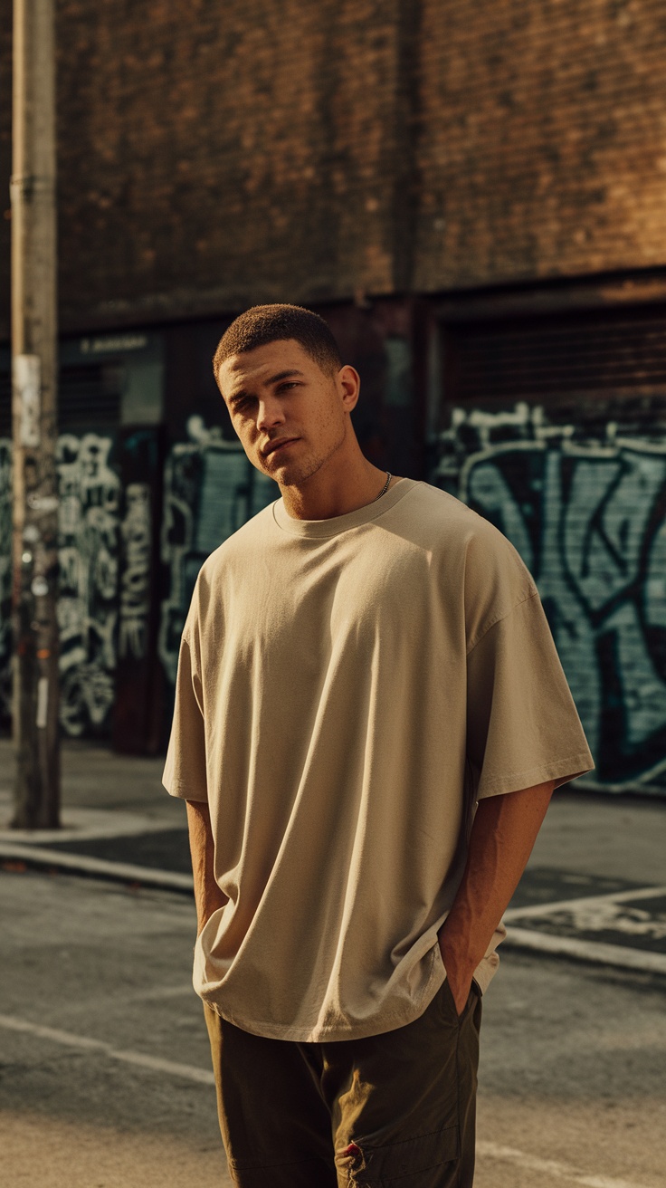 A man wearing a beige oversized t-shirt in a streetwear style, standing against a graffitied wall.