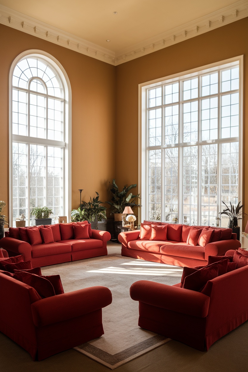 A spacious living room featuring oversized red sofas and armchairs with large windows letting in natural light.