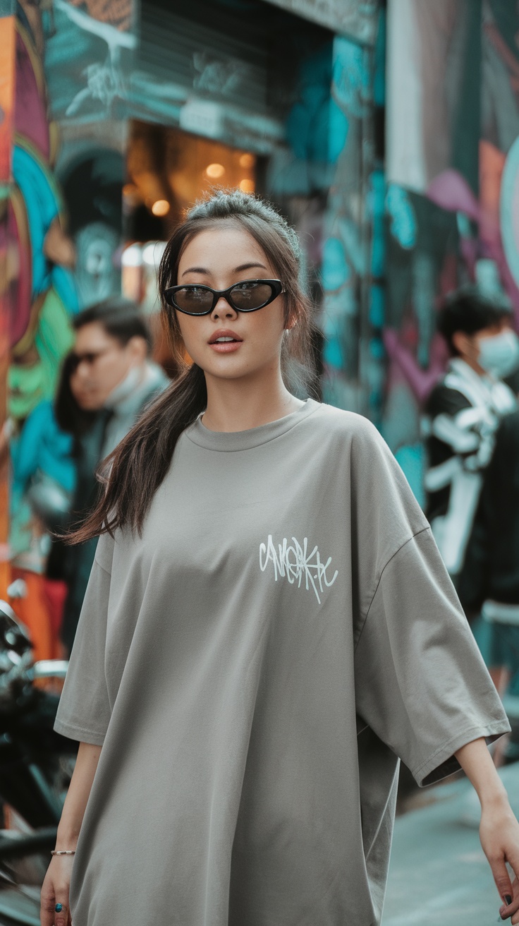 A woman wearing a gray oversized t-shirt and sunglasses, standing in front of a colorful graffiti wall.