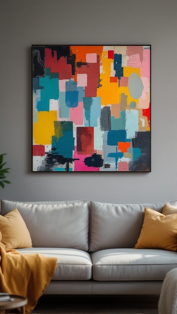 A colorful abstract canvas painting above a gray sofa with cushions