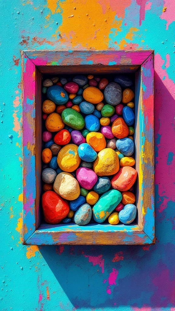 Colorful painted rocks arranged in a frame against a colorful background