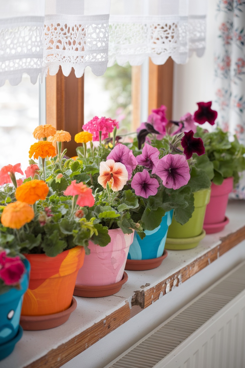 Colorful painted terracotta pots with flowers on a windowsill