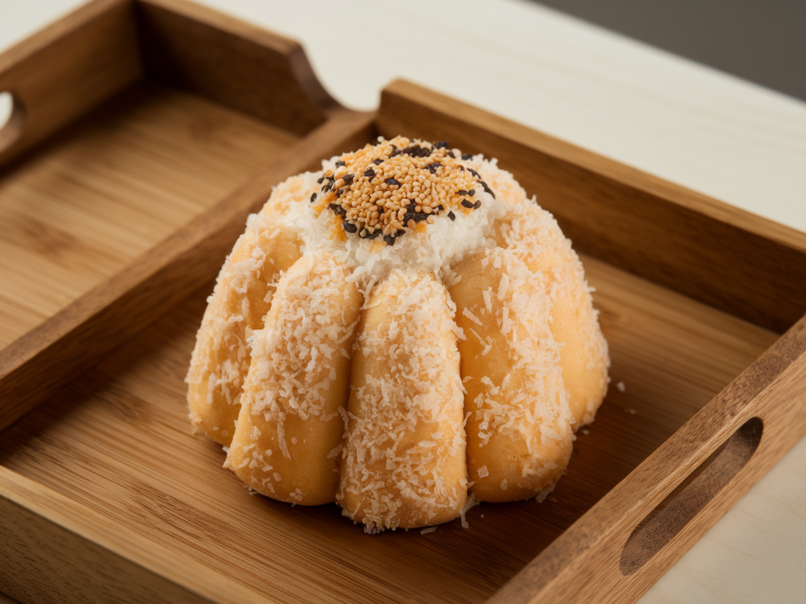 A beautifully crafted Palitaw topped with coconut and sesame seeds.