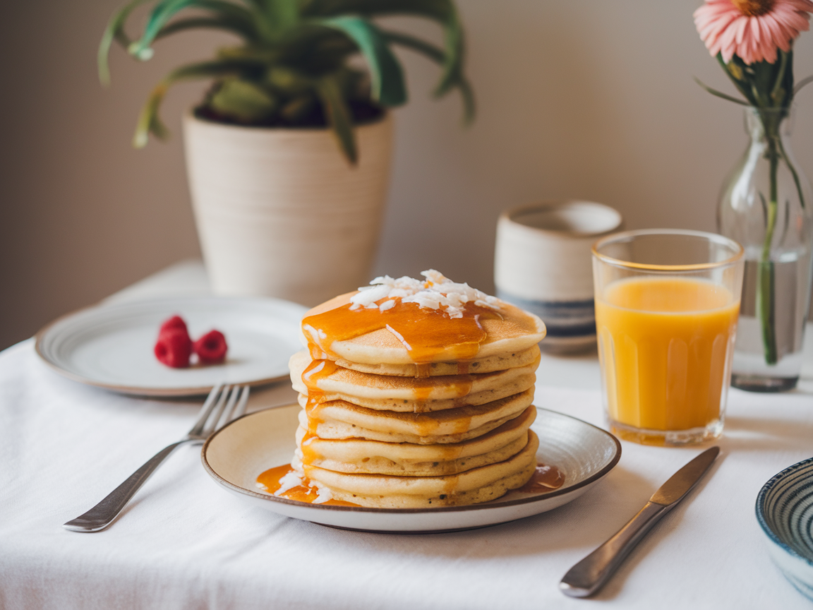 A stack of pancakes drizzled with coconut jam, served with fresh raspberries and a glass of orange juice.